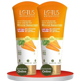                       Lotus Botanicals Sunscreen - Spf Spf 50+ Pa++++ Carrot & Niacinamide Glow And De-Tan Mineral Sunscreen ( Pack Of 2 ) ( 50Gx2 ) (100 G)                                              