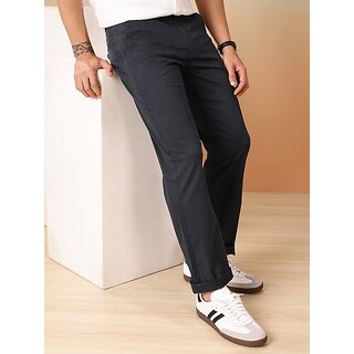                       MEGHZ Men Straight Fit Dark Blue Cotton Blend Trousers                                              