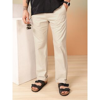                       MEGHZ Men Straight Fit Cream Cotton Blend Trousers                                              