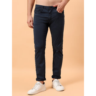                       MEGHZ Mens Dark Blue Slim Fit Cotton Blend Trouser                                              