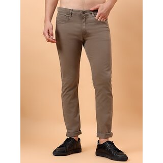                       MEGHZ Men Slim Fit Brown Cotton Blend Trousers                                              