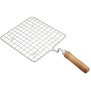                       Roaster Barbecue Net Jali Griller Chapati Toast Grill with Wooden Handle Steaming Cooking and Baking Barbeque Jali for Roti Paneer (Square)                                              