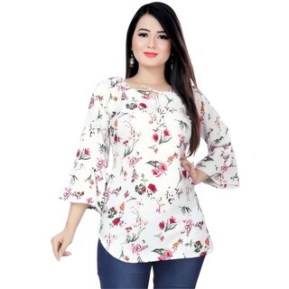                       ZELZIS Women Floral Tie Up Neck Solid Crepe Ruffle Tops                                              