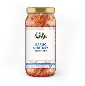 TRI SwaStik Garlic/Lahsun Chutney 300 Gm | Fresh & Delicious | Ready to Eat | Handmade | Enhance The Taste of Your Food | Delight in Every Bite (Pack of 1)