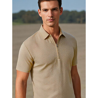                       Men's Half Zipper Collar T-Shirt - Stylish & Comfortable Casual Wear (Cream)                                              