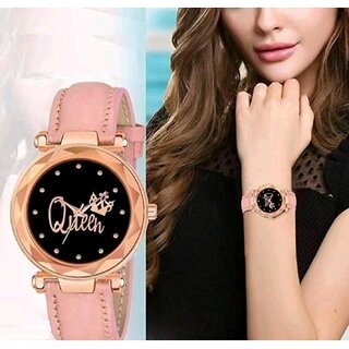                       Bolun Queen Dial Pink Leather Belt Girls and Women Analog Watch_Cvvm130                                              