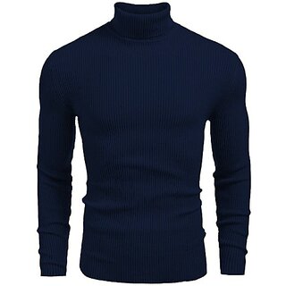                       Fashlook Striped High Neck Wool Blend Casual Blue Full Sleeve T-Shirt For Mens                                              