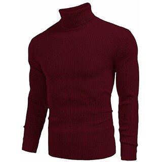                       Fashlook Striped High Neck Cotton Blend Casual Maroon Full Sleeve T-Shirt For Mens                                              