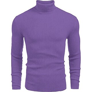                       Fashlook Striped High Neck Wool Blend Casual Purple Full Sleeve T-Shirt For Mens                                              