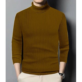                       Fashlook Solid High Neck Wool Blend Casual Brown Full Sleeve T-Shirt For Mens                                              