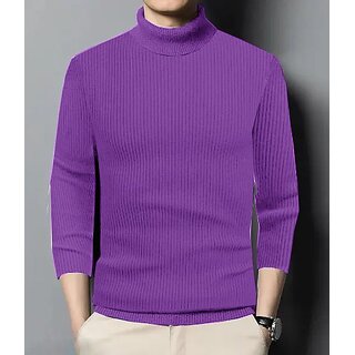                       Fashlook Solid High Neck Wool Blend Casual Purple Full Sleeve T-Shirt For Mens                                              