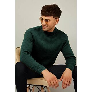                       Fashlook Mens Green Solid High Neck Full Sleeve Sweatshirt                                              
