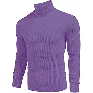                       Fashlook Solid High Neck Cotton Blend Casual Purple Full Sleeve T-Shirt For Mens                                              