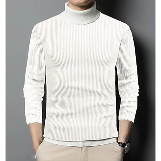                       Fashlook Solid High Neck Wool Blend Casual White Full Sleeve T-Shirt For Mens                                              