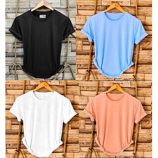                       Fashlook Solid Round Neck Polyester Casual Multicolor Half Sleeve T-Shirt For Mens (Pack of 4)                                              