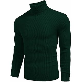                       Fashlook Solid High Neck Wool Blend Casual Green Full Sleeve T-Shirt For Mens                                              