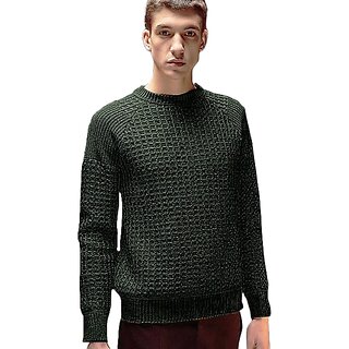                       Fashlook Solid Round Neck Wool Blend Casual Green Full Sleeve T-Shirt For Mens                                              