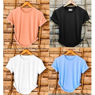                       Fashlook Solid Round Neck Polyester Casual Multicolor Half Sleeve T-Shirt For Mens (Pack of 4)                                              