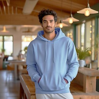                       Fashlook Solid Hooded Wool Blend Casual Blue Full Sleeve T-Shirt For Mens                                              