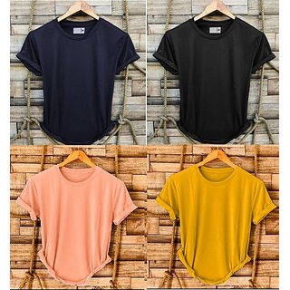                       Fashlook Solid Round Neck Polyester Casual Multicolor Half Sleeve T-Shirt For Mens (Pack of 4)                                              