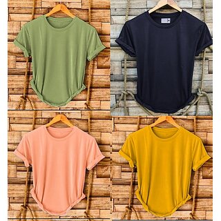                      Fashlook Solid Round Neck Polyester Casual Multicolor Half Sleeve T-Shirt For Mens (Pack of 4)                                              