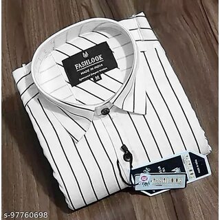                      Fashlook Striped Curved Collar Regular Fit Cotton Blend Casual White Shirt For Mens                                              