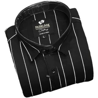                       Fashlook Striped Curved Collar Regular Fit Cotton Blend Casual Black Shirt for Men                                              