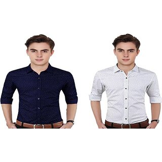                       Fashlook Polka Print Curved Collar Regular Fit Cotton Blend Casual White///Blue Shirt For Mens (Pack of 2)                                              