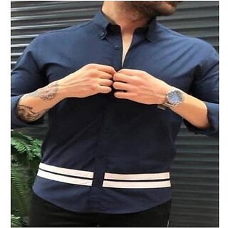                       Fashlook Solid Curved Collar Regular Fit Cotton Blend Casual Dark Blue Shirt For Mens                                              