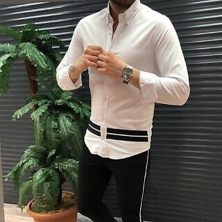                       Fashlook Striped Curved Collar Regular Fit Cotton Blend Casual White Shirt For Mens                                              