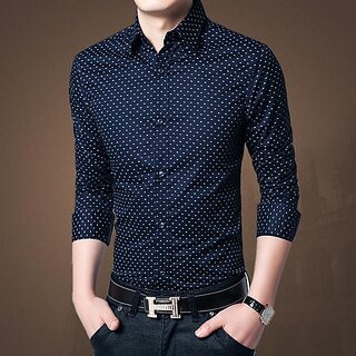                       Fashlook Polka Print Curved Collar Regular Fit Cotton Blend Formal Navy Shirt For Mens                                              