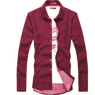                       Fashlook Polka Print Curved Collar Regular Fit Cotton Blend Casual Maroon Shirt For Mens                                              