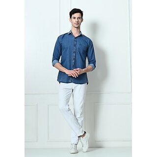                       Fashlook Solid Curved Collar Regular Fit Cotton Blend Casual Royalblue Shirt For Mens                                              