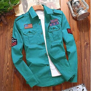                       Fashlook Solid Curved Collar Regular Fit Cotton Blend Casual Green Shirt For Mens                                              