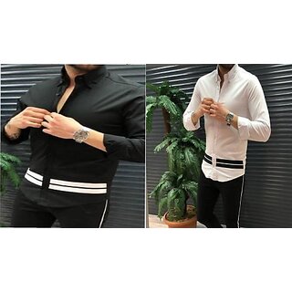                       Fashlook Color Block Curved Collar Regular Fit Cotton Blend Casual Black///White Shirt For Mens (Pack of 2)                                              
