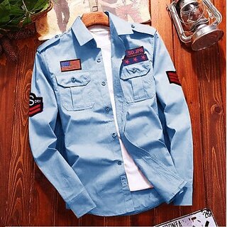                       Fashlook Printed Curved Collar Regular Fit Cotton Blend Casual Sky Shirt For Mens                                              