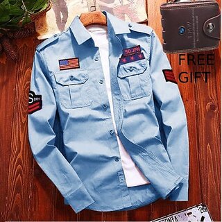                       Fashlook Solid Curved Collar Regular Fit Cotton Blend Casual Sky Shirt For Mens                                              