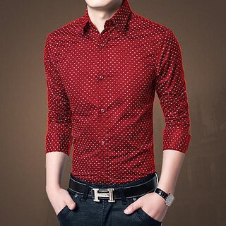                       Fashlook Printed Curved Collar Regular Fit Cotton Blend Casual Maroon Shirt For Mens                                              