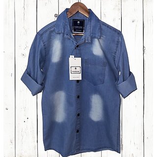                       Fashlook Solid Curved Collar Regular Fit Cotton Blend Casual Blue Shirt For Mens                                              
