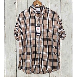                       Fashlook Checkered Curved Collar Regular Fit Cotton Blend Casual Cream Shirt For Mens                                              