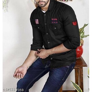                       Fashlook Solid Curved Collar Regular Fit Cotton Blend Casual Black Shirt For Mens                                              