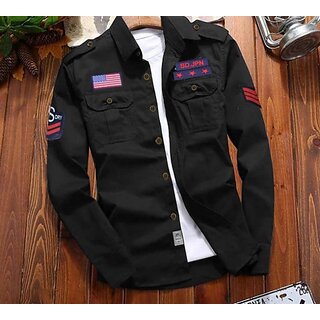                       Fashlook Solid Curved Collar Regular Fit Cotton Blend Casual Black Shirt For Mens                                              