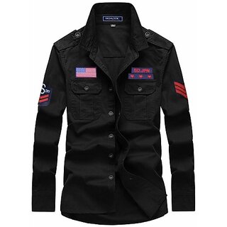                       Fashlook Solid Curved Collar Regular Fit Cotton Blend Casual Black Shirt For Mens                                              