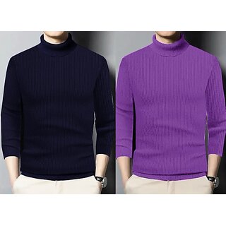                       Fashlook Solid Blue, Purple Full Sleeve Sweaters For Mens (Pack of 2)                                              
