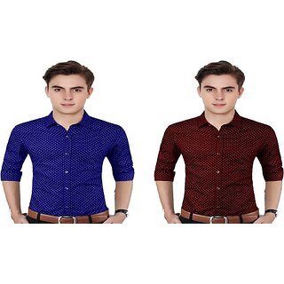                       Fashlook Polka Print Curved Collar Regular Fit Cotton Blend Casual Blue///Maroon Shirt For Mens (Pack of 2)                                              