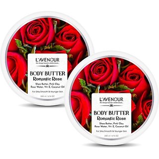 L'avenour Romantic Rose Body Butter | Enriched with Shea Butter, Pink Clay, Rose Water, Vitamin E, and Coconut Oil | Best for Dry Skin, Non-Greasy | Up to 72 hours of Moisturization (Pack of 2) (400 ml) L'avenour Romantic Rose Body Butter | Enriched with Shea Butter, Pink Clay, Rose Water, Vitamin E, and Coconut Oil | Best for Dry Skin, Non-Greasy | Up to 72 hours of Moisturization (Pack of 2) (400 ml)