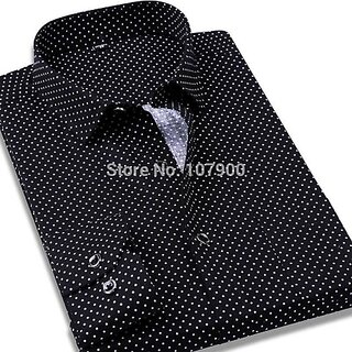                       Fashlook Polka Print Curved Collar Regular Fit Cotton Blend Casual White Shirt For Mens                                              