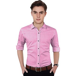                       Fashlook Polka Print Curved Collar Regular Fit Cotton Blend Casual Pink Shirt For Mens                                              
