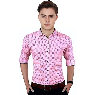                       Fashlook Polka Print Curved Collar Regular Fit Cotton Blend Casual Pink Shirt For Mens                                              