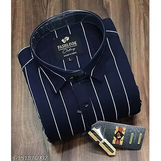                       Fashlook Striped Curved Collar Regular Fit Cotton Blend Casual Dark Blue Shirt For Mens                                              